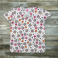 Womens S I heart scrubs top white owls Nurse Medical