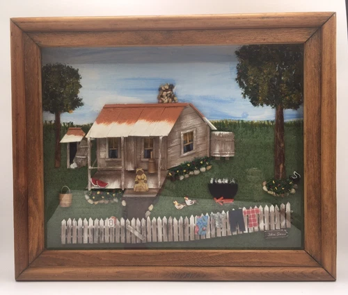 Vtg Handcrafted Folk Art 3D Diorama Cajun Cabin Scene Miniature 1995 Signed