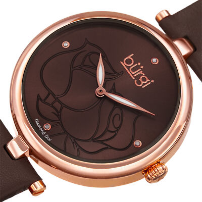 Women\'s Burgi Flower Engraved Diamond Dial Genuine Leather Strap Watch with box Women main image 3