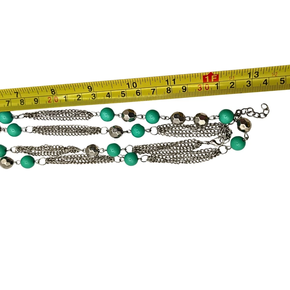 Vintage Estate Womens Silver Tone Beaded Long Chain Necklace Green Faceted Boho - Image 3 of 3