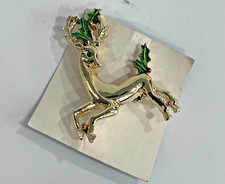 Vintage Gerry's Signed Gold Tone Reindeer Brooch Pin Holly Berry Christmas 2"