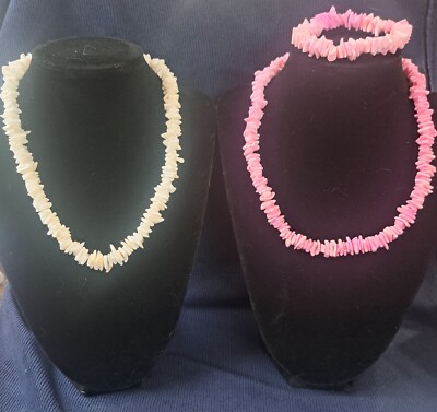Vintage Pink White Puka Shell Hawaiian 17in Necklace and Bracelet Set Lot  of