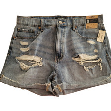 Aero Mom Short Blue 14 Denim Medium Wash Ripped Distressed Cuffed Hem Modern NEW