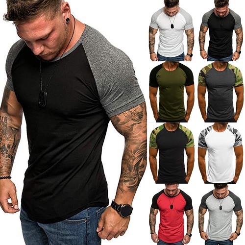 Mens Raglan Sleeve Shirts Gym Muscle 