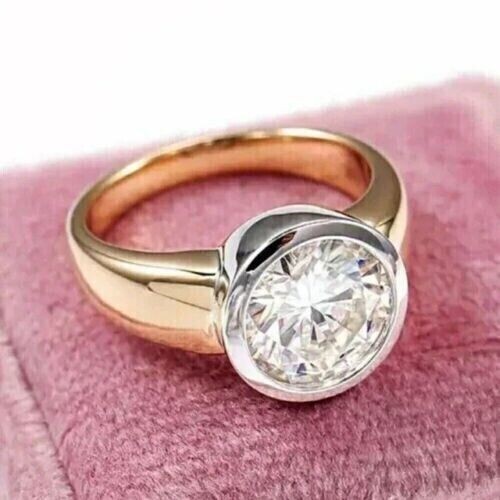 2Ct Round Cut Lab Created Diamond Bezel Set Wedding Ring 14k Yellow Gold Plated - Foto 3 di 4