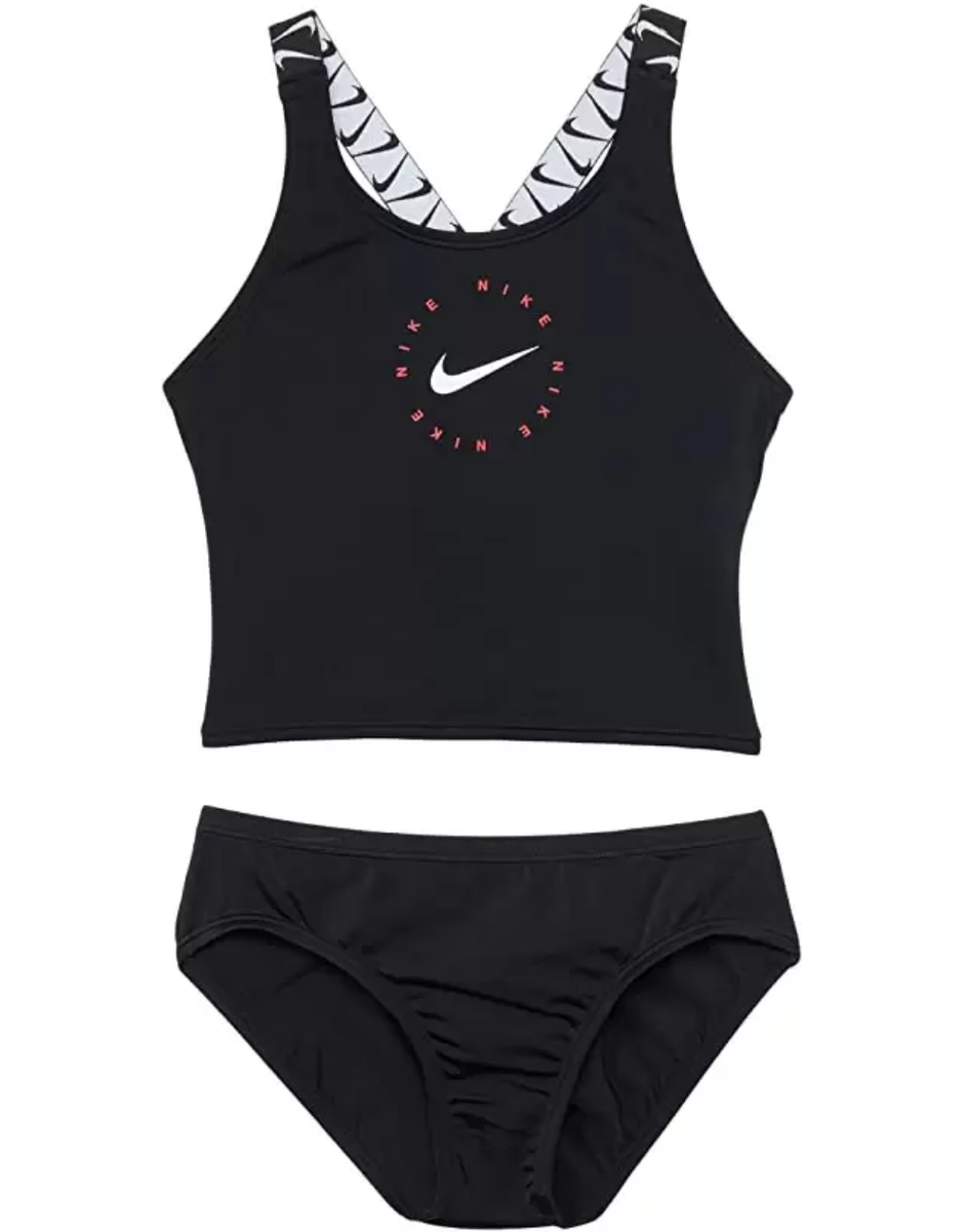 Nike Girl's Logo Tape Black Cross Back Tankini Swim Set
