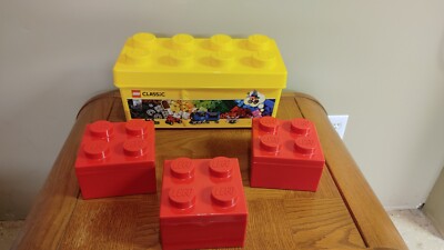 Lot of 4 LEGO Brick Storage Container Brand New Peg Knob Block Red Yellow 2x2/8