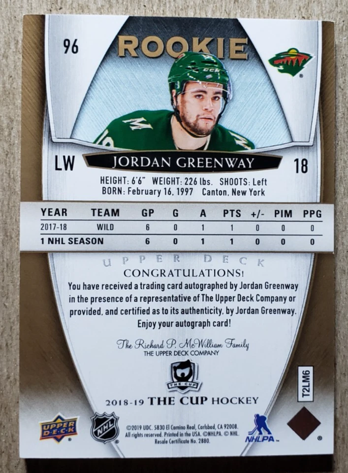 2018-19 The Cup Gold Jordan Greenway Auto RC /36 Minnesota Wild Autograph #96 - Image 2 of 2