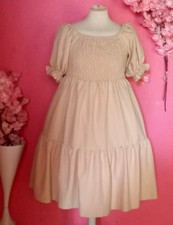 WOMEN PLUS SIZE BEIGE SHIRRED RUFFLE MIDI DRESS ( SIZE XL )