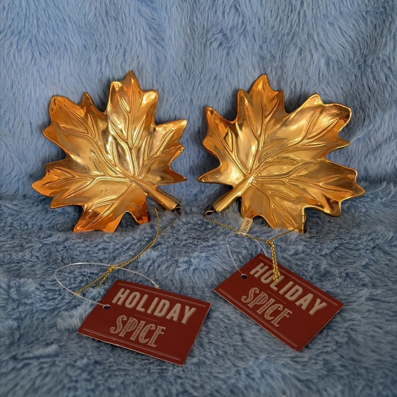 2 Autumn Fall Leaves Christmas Ornaments Gold Holiday Spice