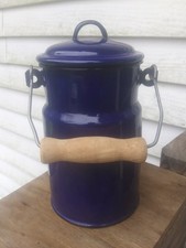 Vintage Blue Enamel White Inside Milk Pail w/Lid Wooden Handle Made in Holland