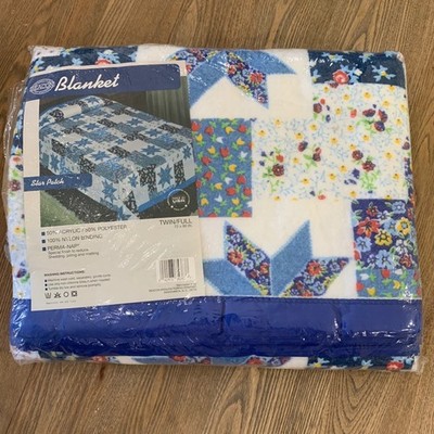 VTG Beacon Star Patch Country Cottage Cabin Twin Full Quilt Blanke Blue Floral