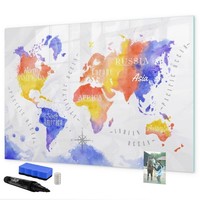 Glas Magnetboard Mit Schwarzem Marker 5 Neodym-Magneten Aquarell Weltkarte