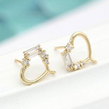 2Pairs 18K Gold Plated Heart CZ Stud Earrings Connector Component GZX587