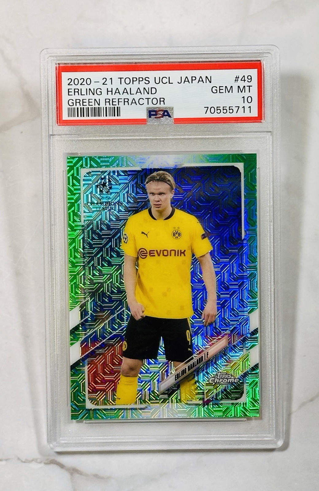 2020 Erling Haaland Topps Chrome UCL Japan Green Refractor /99 PSA 10 #49 view 1