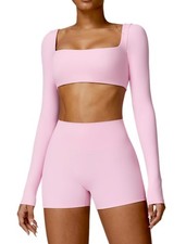 Womens Workout Set Square Neck Long Sleeve Crop Top  High Waist Biker Shorts