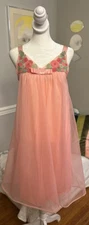 Vintage Shadowline Layered Pink Nylon Nightgown Embroidered Flowers S