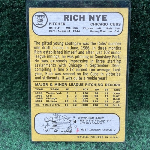 1968 Topps Baseballkarte - #339 Rich Nye Chicago Cubs POOR * markiert! Vintage Lesen A** - Bild 4 von 4
