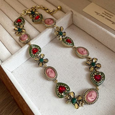 Vintage Victorian Style Cameo Necklace Floral Heart Red Green Statement Piece