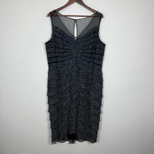 Adrianna Papell Dress 20W Black Tiered Sheath Polka Dot Ruffles Cocktail Mesh