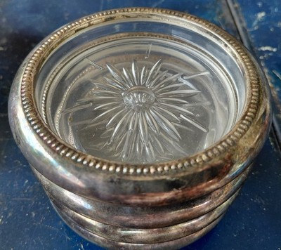 Vintage Leonard Italy Glass Silverplate Coaster Starburst Sunburst Barware Set