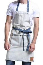 Denim Chef Apron for Women with Pockets, Jean Waitress Server Kitchen 2 White
