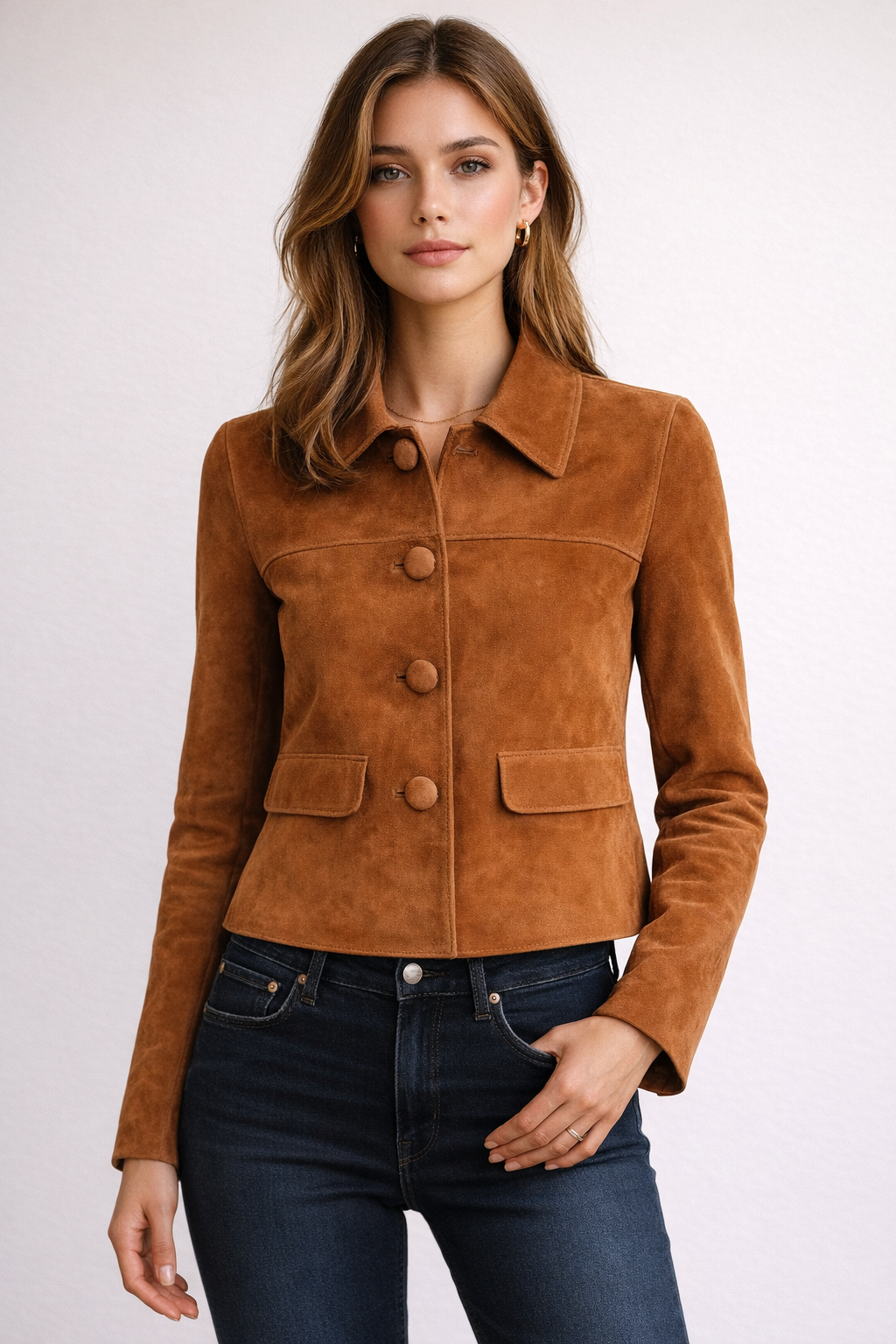 Women's Tan Suede Leather Jacket | Cropped Button Front | Handmade Classic Coat