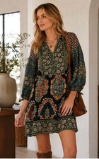 BOTEH BY FREE PEOPLE 100 % Linen Boho Print Mini Dress Tunic Size 1 Small