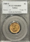 1909-S INDIAN CENT PCGS MS64 RED VERY PQ!