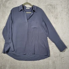 Pleione Blouse Women's Medium Blue Long Sleeve Collared V Neck Chiffon Tunic