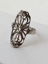     SIZE 8.5  Vintage 925 Sterling Silver Filigree Swirl Cut Out Long Ring    