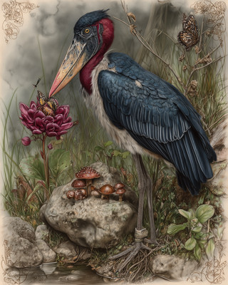 8x10 Marabou Stork standing on rock - wetland plants and flowers - 337492284