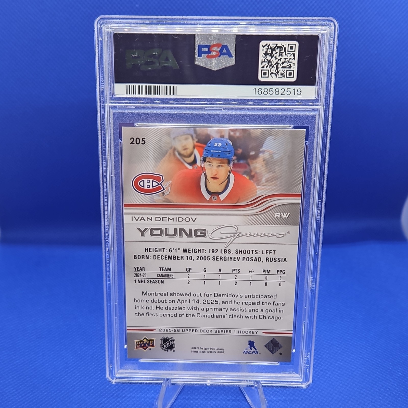 Upper Deck 2025-26 Series 1 Young Guns Ivan Demidov #205 RC PSA 8 Habs view 2