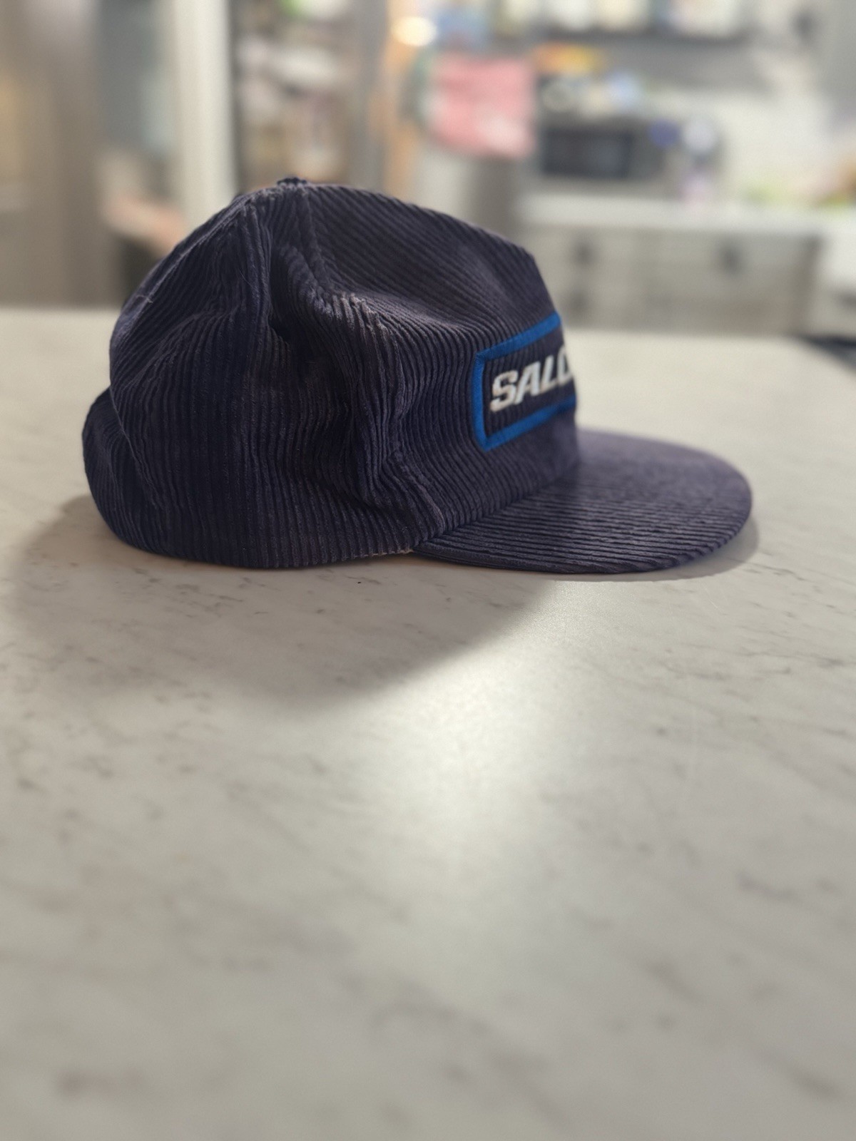 Cappello vintage Salomon in velluto a coste Ted Fletcher berretto da sci snowboard snapback blu navy e blu