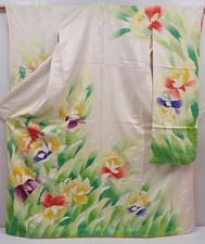 6226T13z1140 Vintage Japanese Kimono Silk FURISODE Flower Off-white