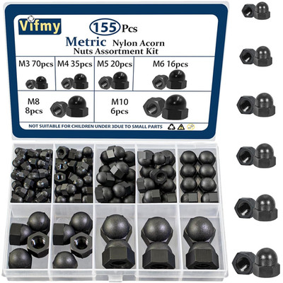 Metric Black Nylon Acorn Nuts Assortment Kit,M3 M4 M5 M6 M8 M10 155PCS UNC Cap N