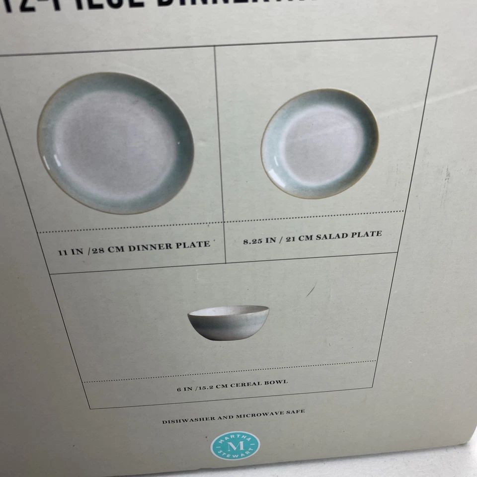 Martha Stewart 12 件套餐具套装瓷器“绿釉”石器白色 — 第 2/4 张图片