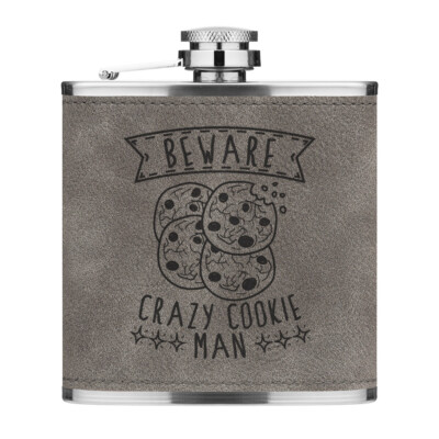 Vorsicht Crazy Cookie Man 6 Unzen PU Leder Flachmann Grau Lustig Keks Schokolade