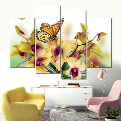 Butterfly & Flowers Nature Framed 4 Piece Canvas Wall Art Painting ...