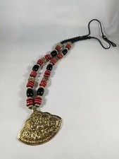 Pink Black Gold Tone Bead Pendant Necklace