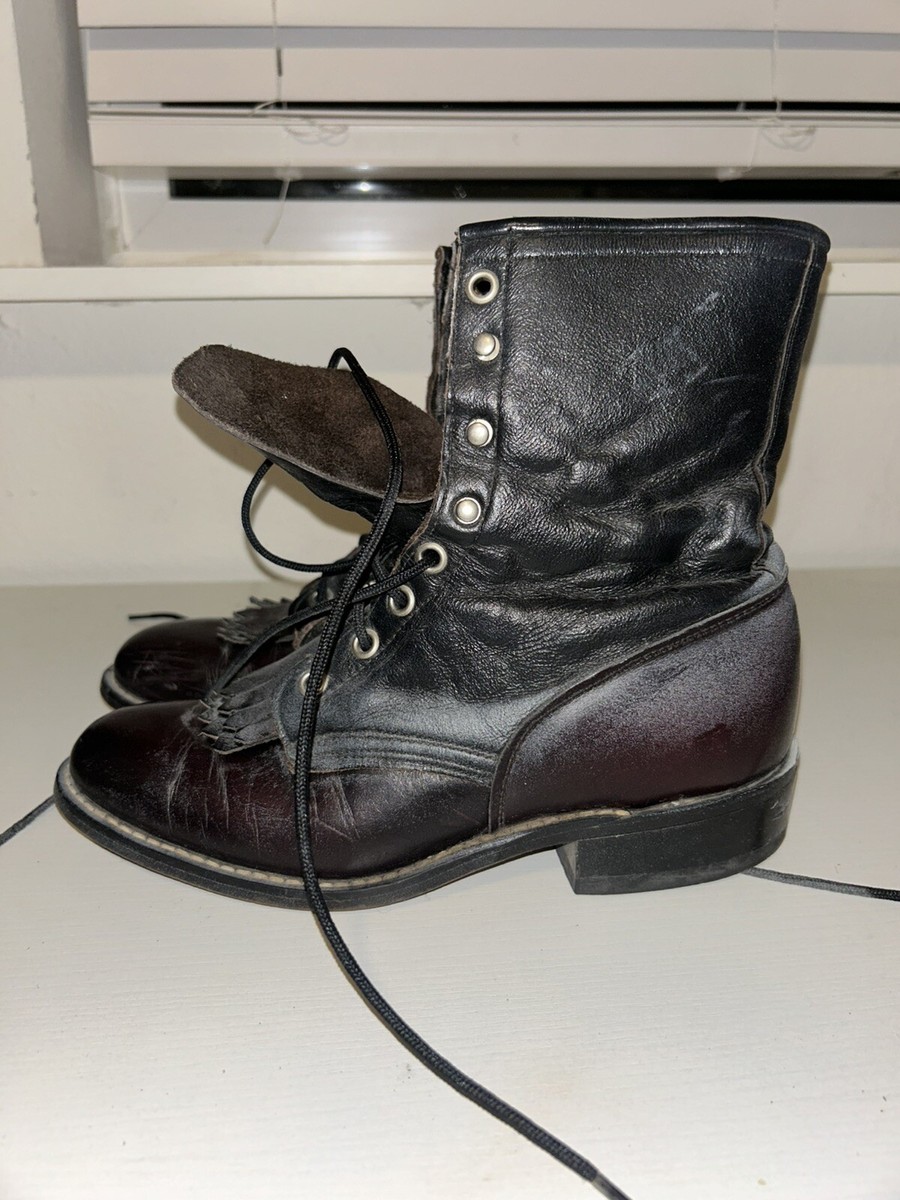 Vtg Laredo Roper Distressed Leather Western Boots Lace-up Women’s 7M USA