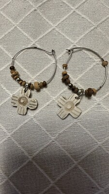Handmade Wood Cross Beaded Drop Silver Tone Hoop Earrings Mod Boho Chic