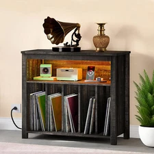 Record Player Album Storage Turntable Stand Display w/ LED Lights & Power Outlet