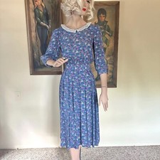 Vintage 80s Romantic Floral Prairie Day Dress Puff Sleeve Secretary S
