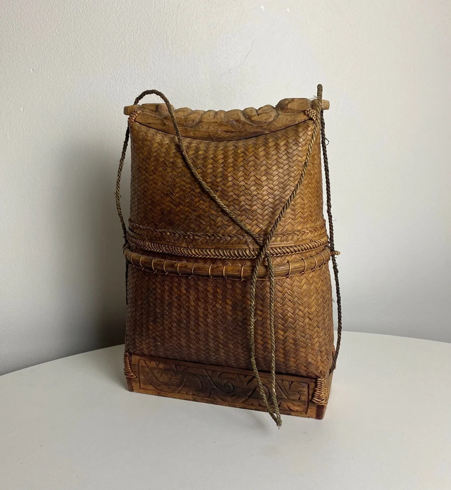 Antique Indonesian / Asian Hand Woven Covered Fishing Basket w Carved Wood Woman - image 4 of 4