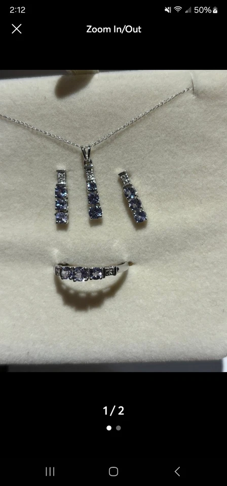 10k white gold tanzanite jewelry set. Necklace, earrings, and size 7 ring - Image 2 of 4