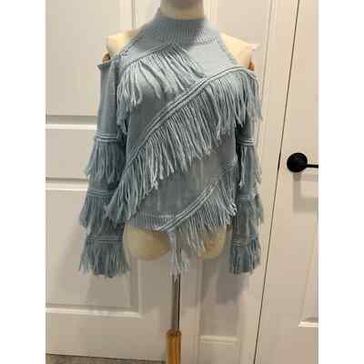   Light Blue Fringe Sweater With Exposed Shoulders