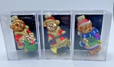 Lot of 3 Assorted Teddy Bear Santa Ornaments 4" Glass Display Cases CUTE