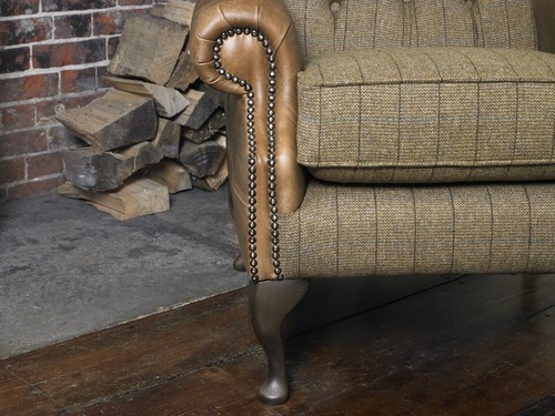 Chesterfield Queen Anne Wing Back Chair in Harris Tweed & Vintage Tan Leather - Picture 2 of 5