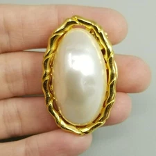 Vintage Faux Pearl and Gold Tone Oval Scarf Clip, 1 1/2 Inches Long, Retro